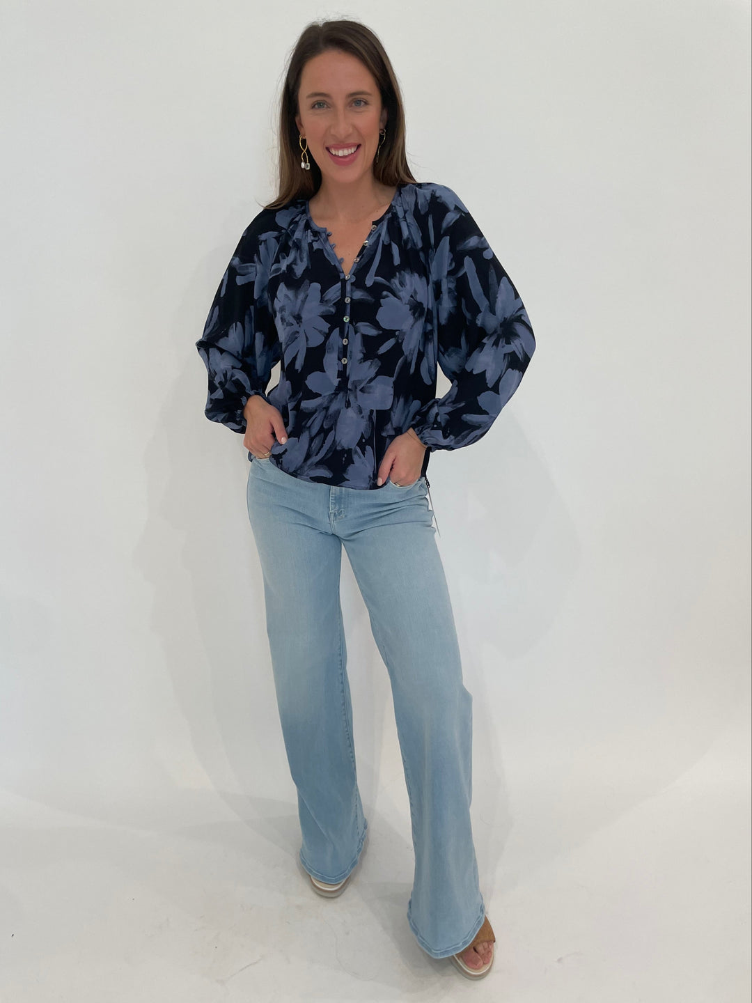 Rails Indi Top in Midnight Lily paired with Mother Denim The Roller Sneak Jeans in Ball's In Your Court, Lizzie Fortunato Etienne Earrings in Gold available at Barbara Katz