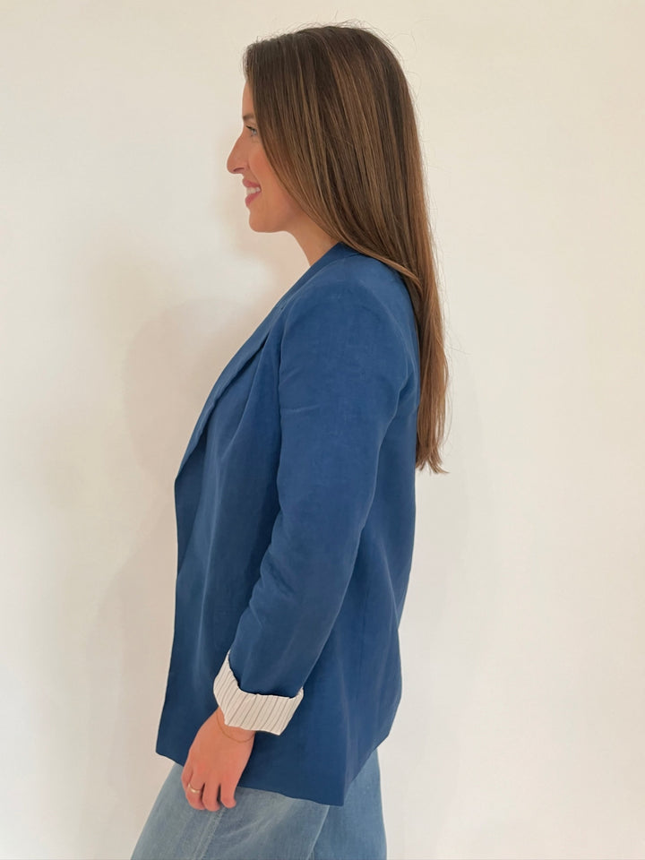 BK Karla Boyfriend Fit 3/4 Sleeve Linen Jacket in Classic Blue available at Barbara Katz