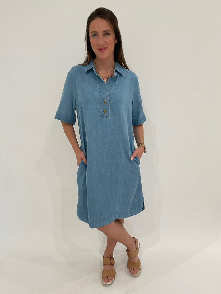 Hinson Wu Aileen Short Sleeve Denim Tencel Dress in Light Wash with Mignonne Gavigan Soho Charm Necklace and Bracelet available at Barbara Katz