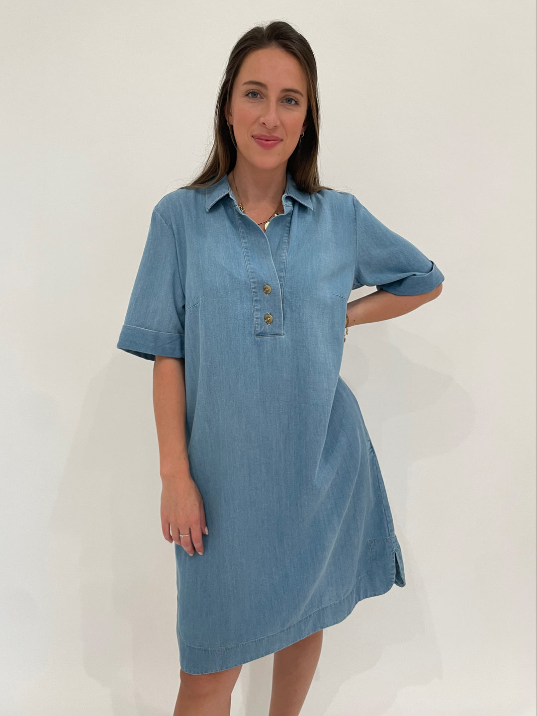 Hinson Wu Aileen Short Sleeve Denim Tencel Dress in Light Wash available at Barbara Katz