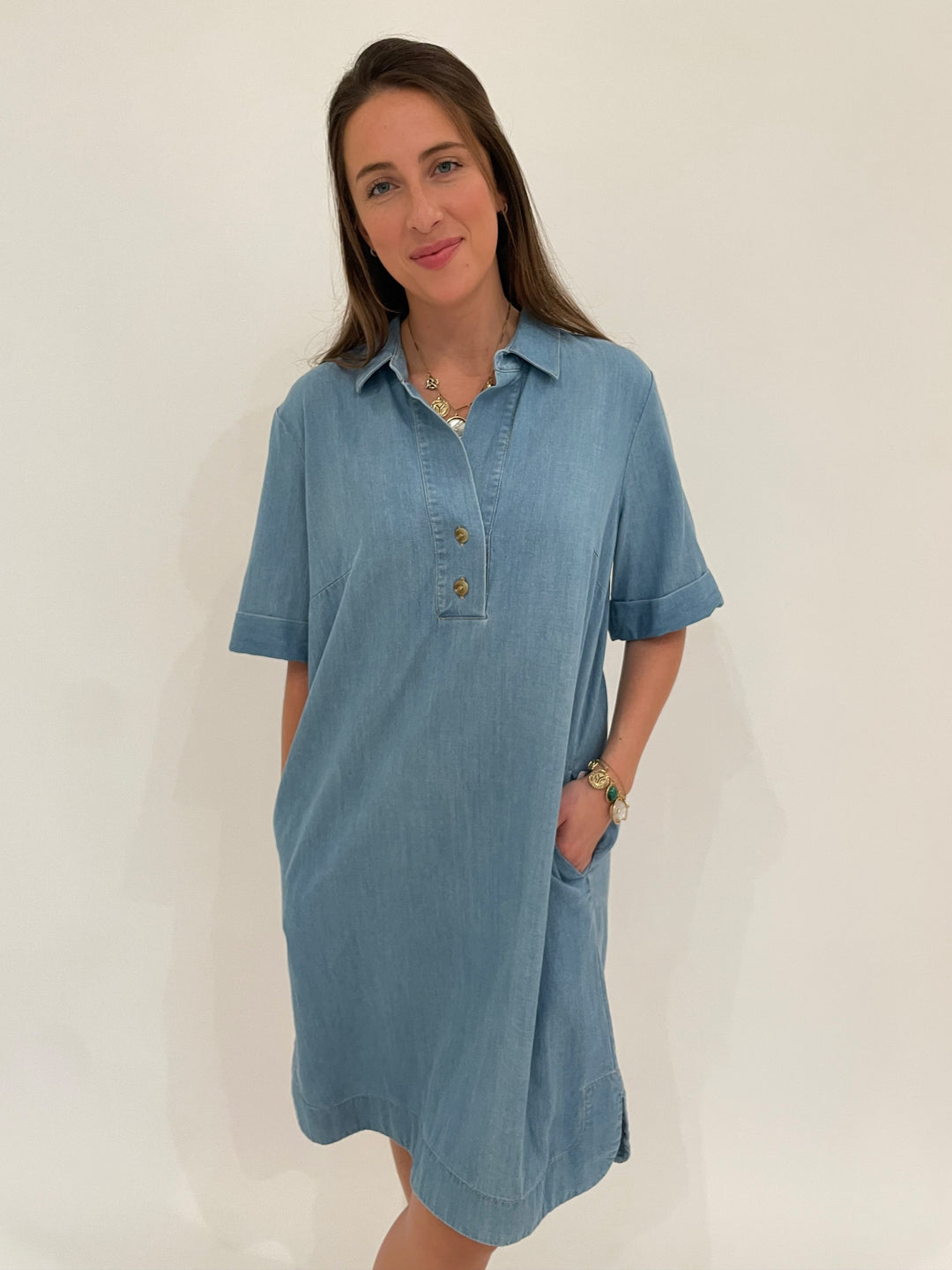 Hinson Wu Aileen Short Sleeve Denim Tencel Dress in Light Wash with Mignonne Gavigan Soho Charm Necklace and Bracelet available at Barbara Katz