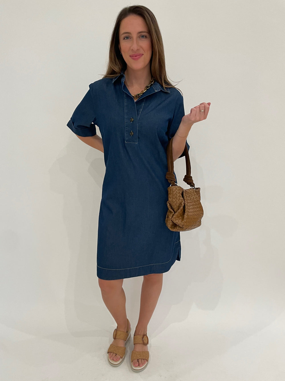 Hinson Wu Aileen Short Sleeve Denim Tencel Dress in Dark Wash with Pono Riley Necklace in Sage, Daniella Lehavi Bali Mini Knotted Bag in Caramel Woven available at Barbara Katz