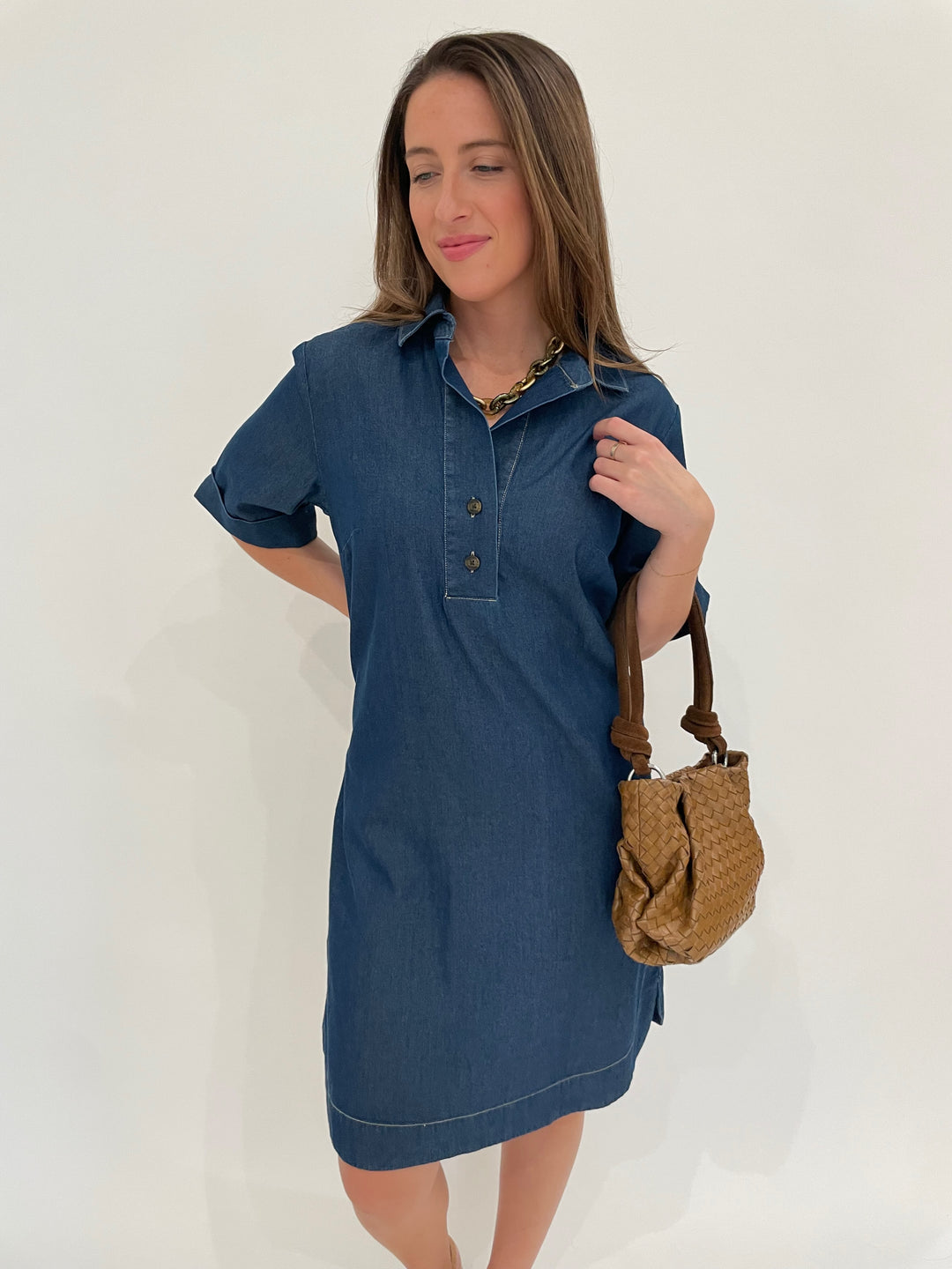 Hinson Wu Aileen Short Sleeve Denim Tencel Dress in Dark Wash with Pono Sage Riley Necklace, Daniella Lehavi Caramel Woven Bali Mini Knotted Bag available at Barbara Katz