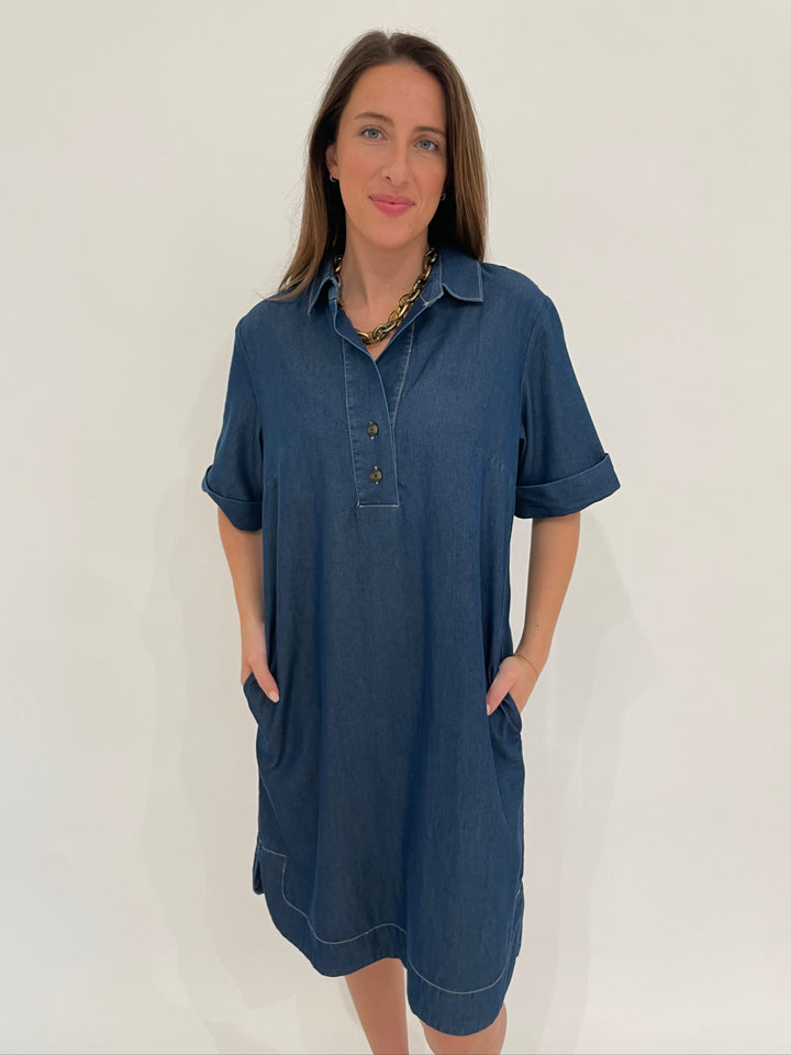 Hinson Wu Aileen Short Sleeve Denim Tencel Dress in Dark Wash with Pono Riley Necklace in Sage available at Barbara Katz