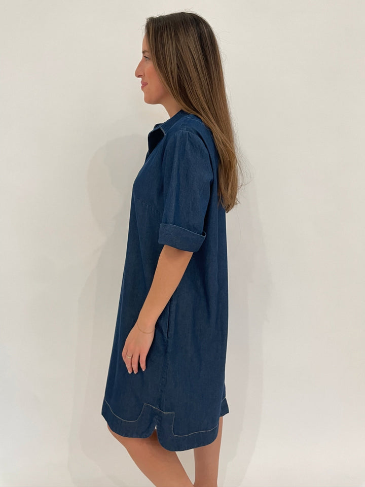 Hinson Wu Aileen Short Sleeve Denim Tencel Dress in Dark Wash available at Barbara Katz