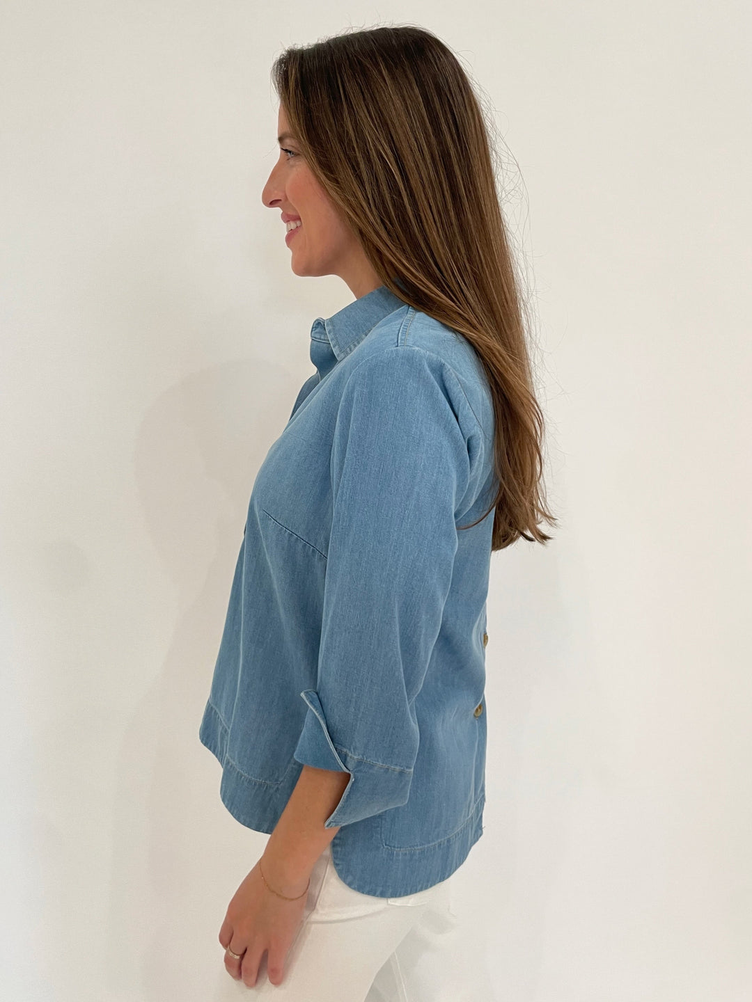 Hinson Wu Aileen 3/4 Sleeve Denim Tencel Shirt in Light Wash available at Barbara Katz