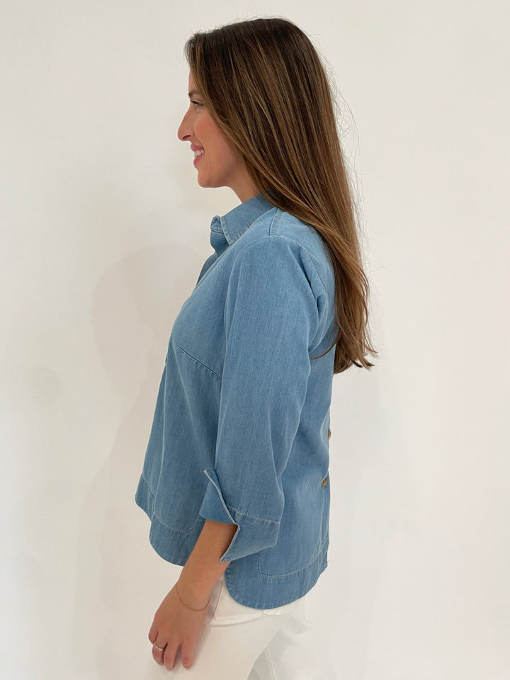 Hinson Wu Aileen 3/4 Sleeve Denim Tencel Shirt in Light Wash available at Barbara Katz