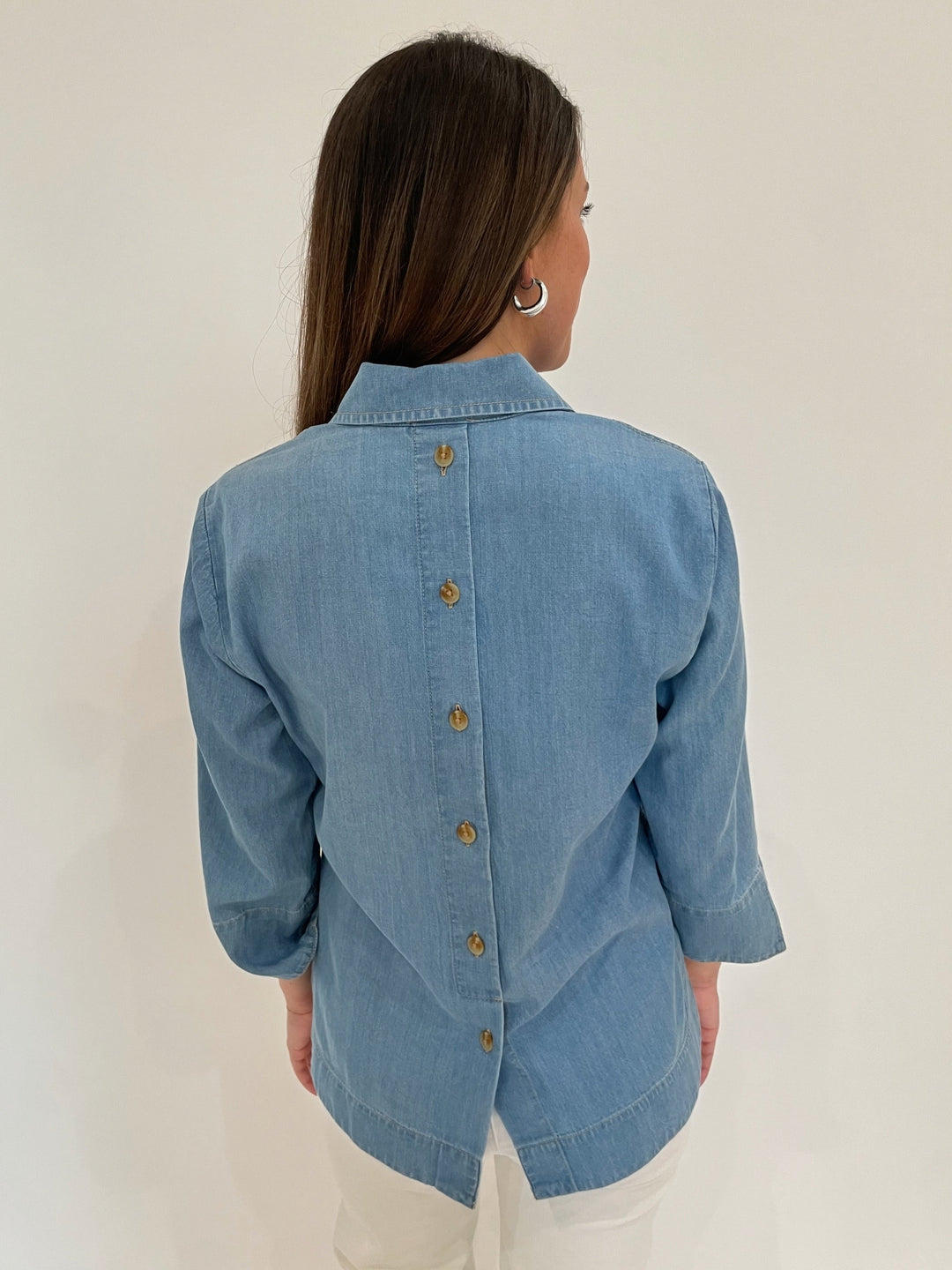 Hinson Wu Aileen 3/4 Sleeve Denim Tencel Shirt in Light Wash available at Barbara Katz