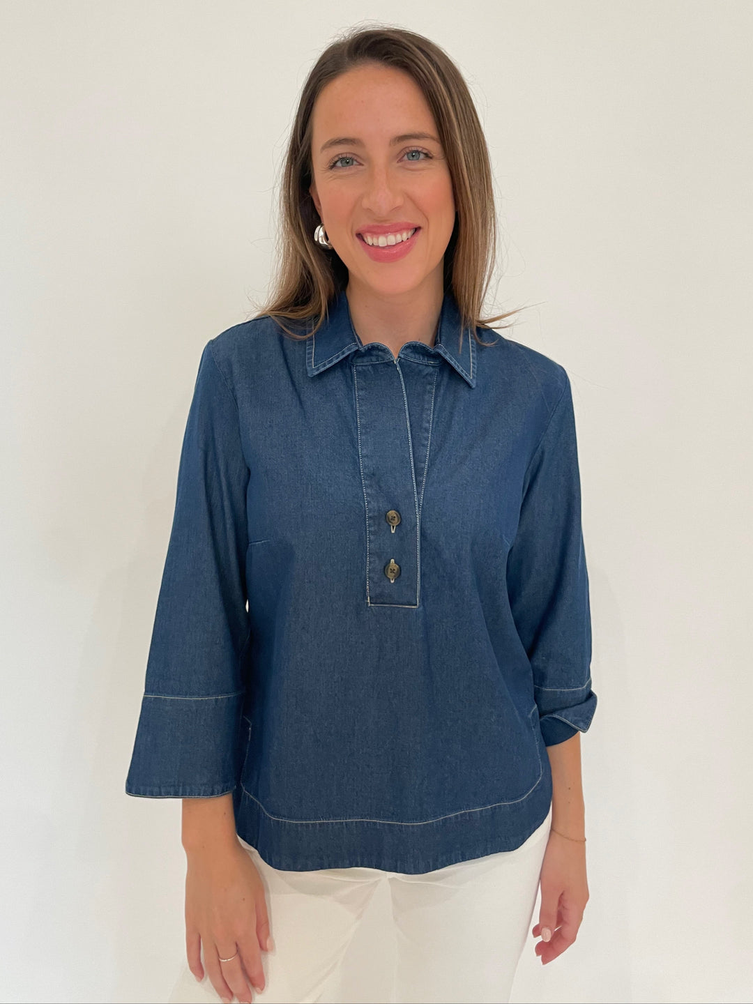 Hinson Wu Aileen 3/4 Sleeve Denim Tencel Shirt in Dark Wash with Lizzie Fortunato Onda Hoop Earrings in Silver available at Barbara Katz