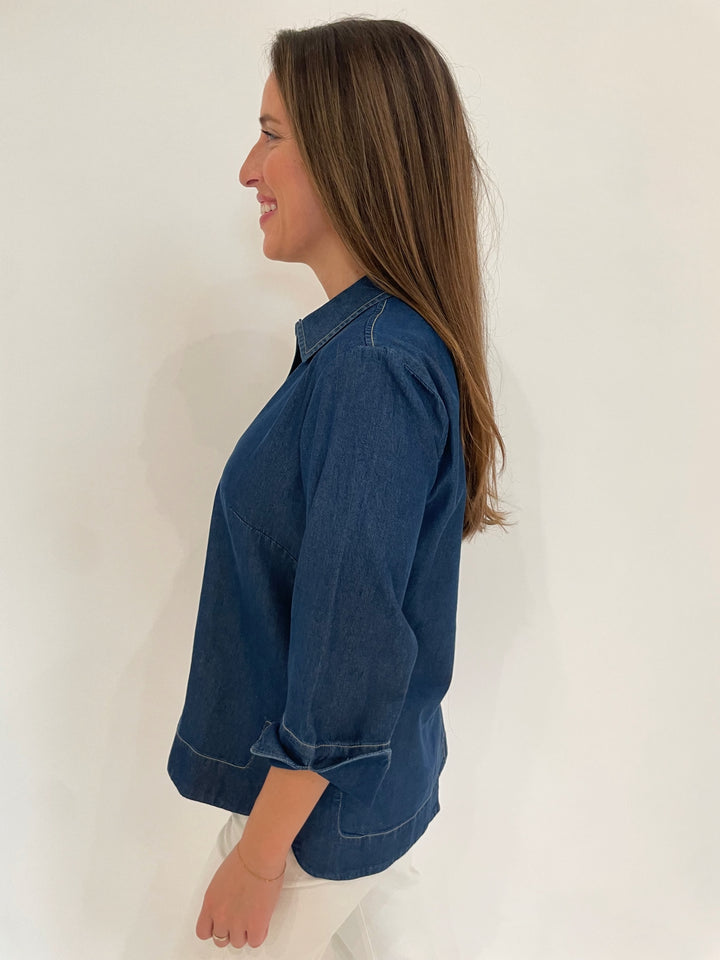 Hinson Wu Aileen 3/4 Sleeve Denim Tencel Shirt in Dark Wash available at Barbara Katz