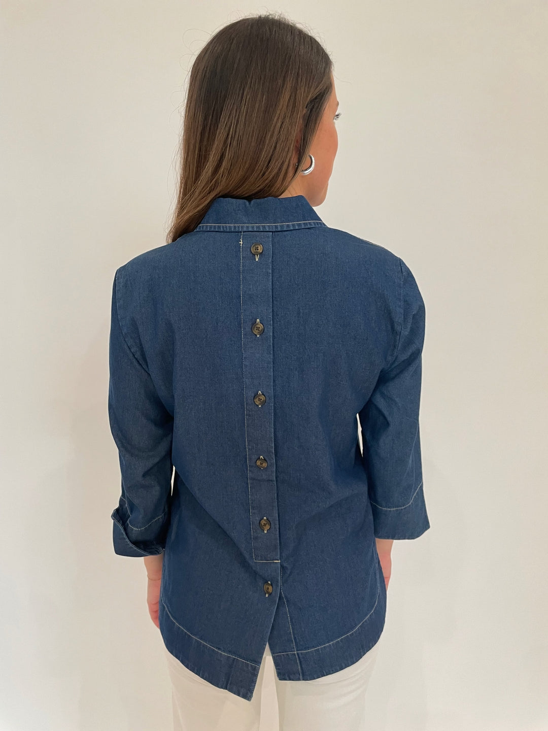 Hinson Wu Aileen 3/4 Sleeve Denim Tencel Shirt in Dark Wash available at Barbara Katz