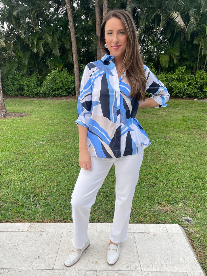 Hinson Wu Blue Combo Xena 3/4 Sleeve Zip Back Shirt paired with Citizens of Humanity Soft White Palma Straight Jeans, Lizzie Fortunato Silver Onda Hoops available at Barbara Katz