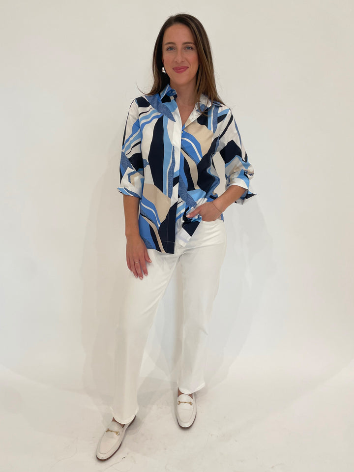 Hinson Wu Xena 3/4 Sleeve Zip Back Shirt in Blue Combo paired with Citizens of Humanity Palma Straight Jeans in Soft White, Lizzie Fortunato Onda Hoop Earrings in Silver available at Barbara Katz