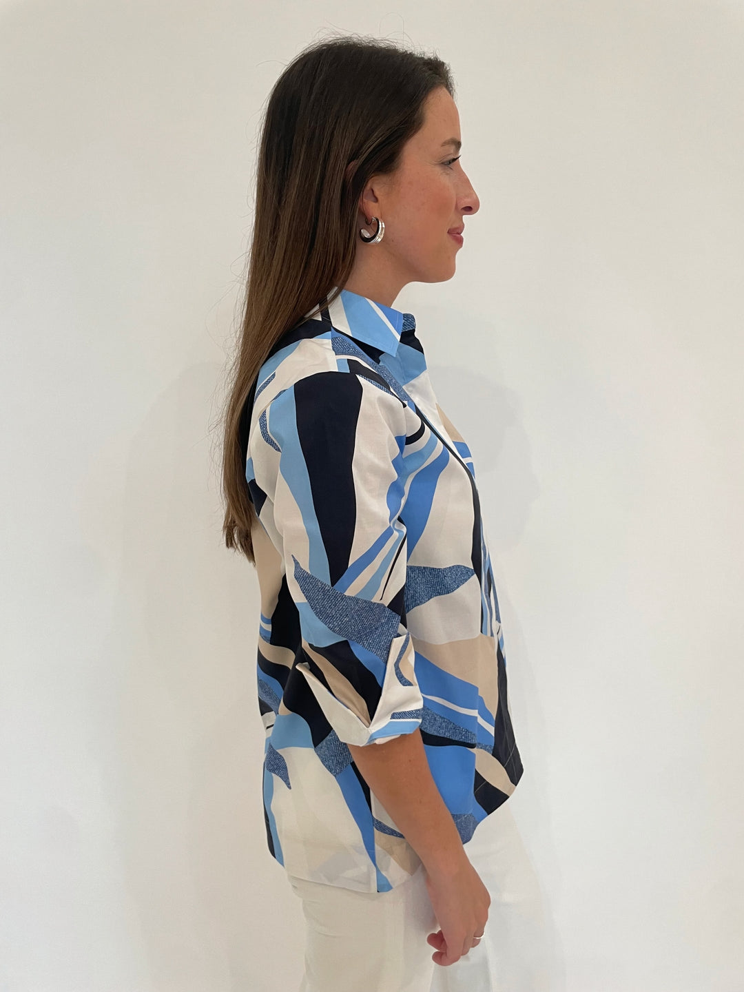 Hinson Wu Xena 3/4 Sleeve Zip Back Shirt in Blue Combo with Lizzie Fortunato Onda Hoop Earrings in Silver available at Barbara Katz