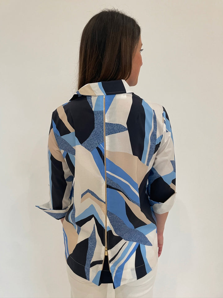 Hinson Wu Xena 3/4 Sleeve Zip Back Shirt in Blue Combo available at Barbara Katz