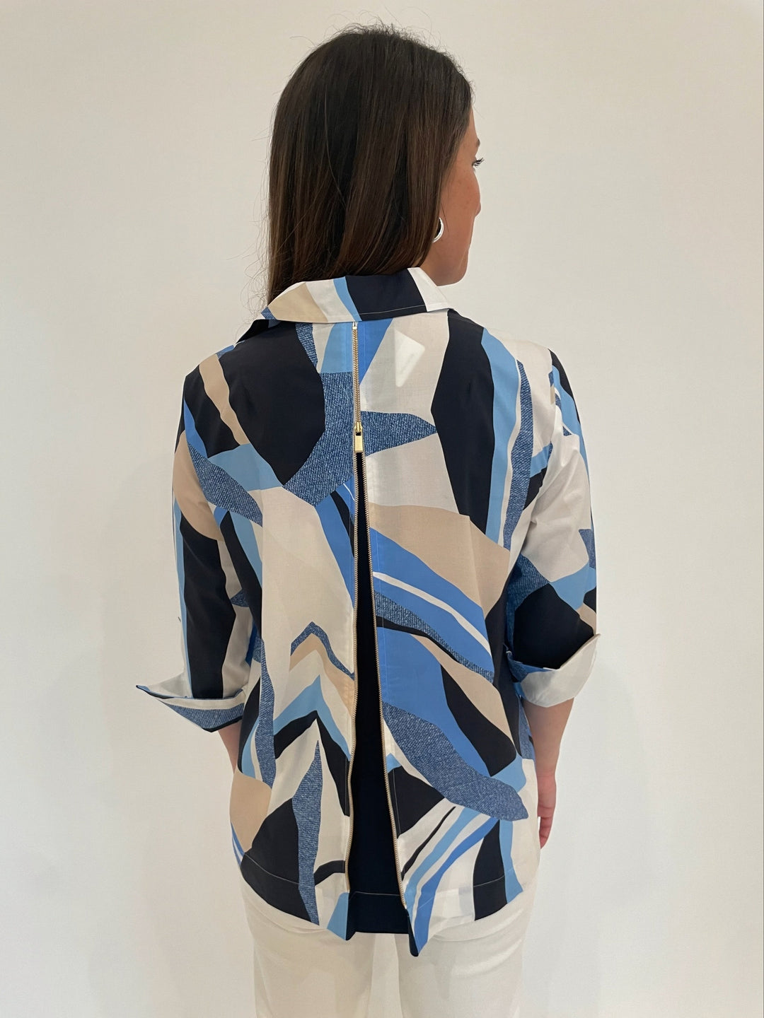 Hinson Wu Xena 3/4 Sleeve Zip Back Shirt in Blue Combo available at Barbara Katz