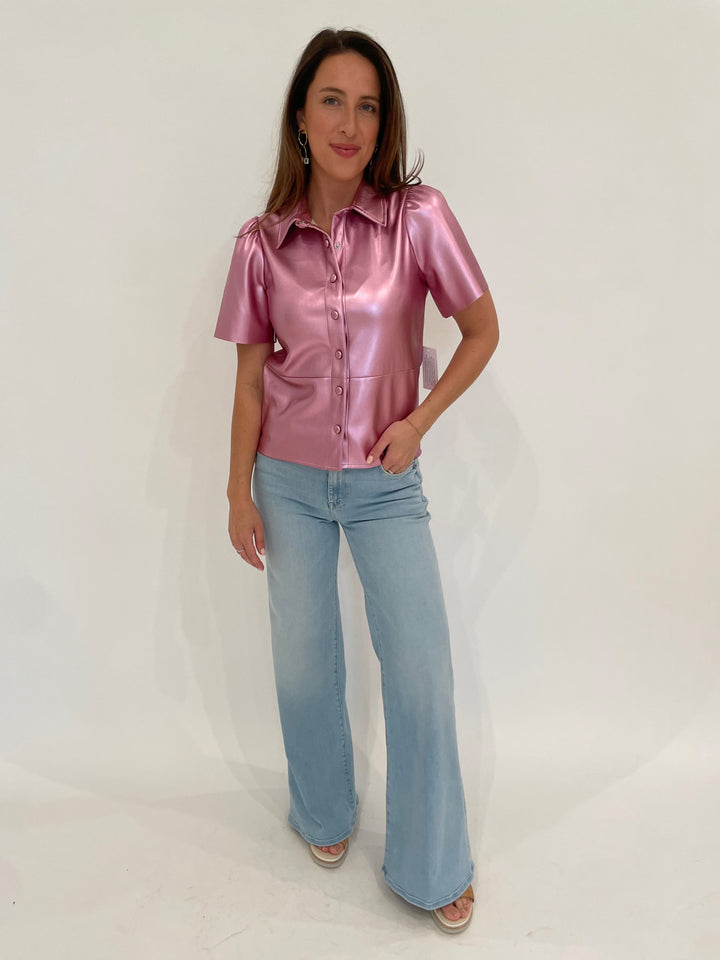 BK Kerri Metallic Vegan Leather Top in Orchid paired with Mother Denim The Roller Sneak Jeans in Ball's In Your Court, Lizzie Fortunato Etienne Earrings in Gold available at Barbara Katz