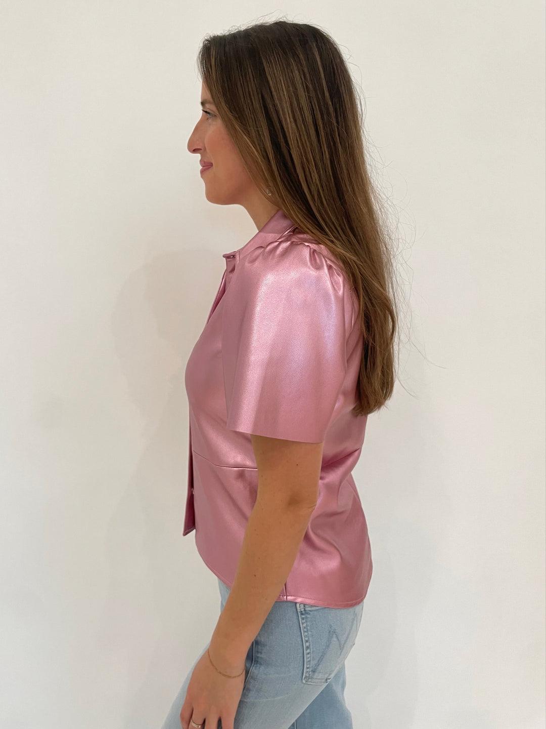 BK Kerri Metallic Vegan Leather Short Sleeve Top in Orchid available at Barbara Katz