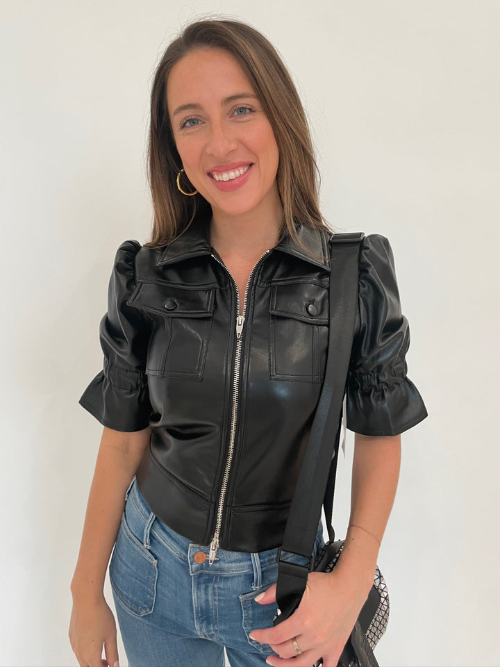 BK Stephanie Double Zip Jacket in Black with Alexis Bittar Brut Tube Hoop Earrings in Gold and Daniella Lehavi Bonnie Mini Crossbody Bag in Silver available at Barbara Katz