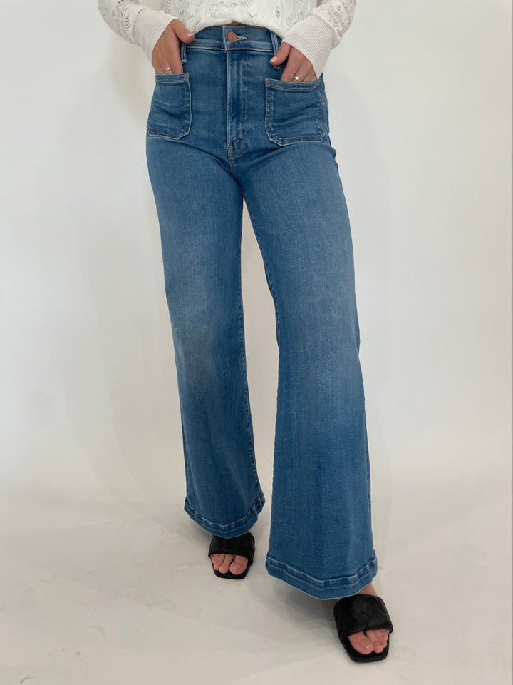 Mother Denim The Lil Hustler Roller Patch Pocket Sneak Jeans in Piece By Piece available at Barbara Katz