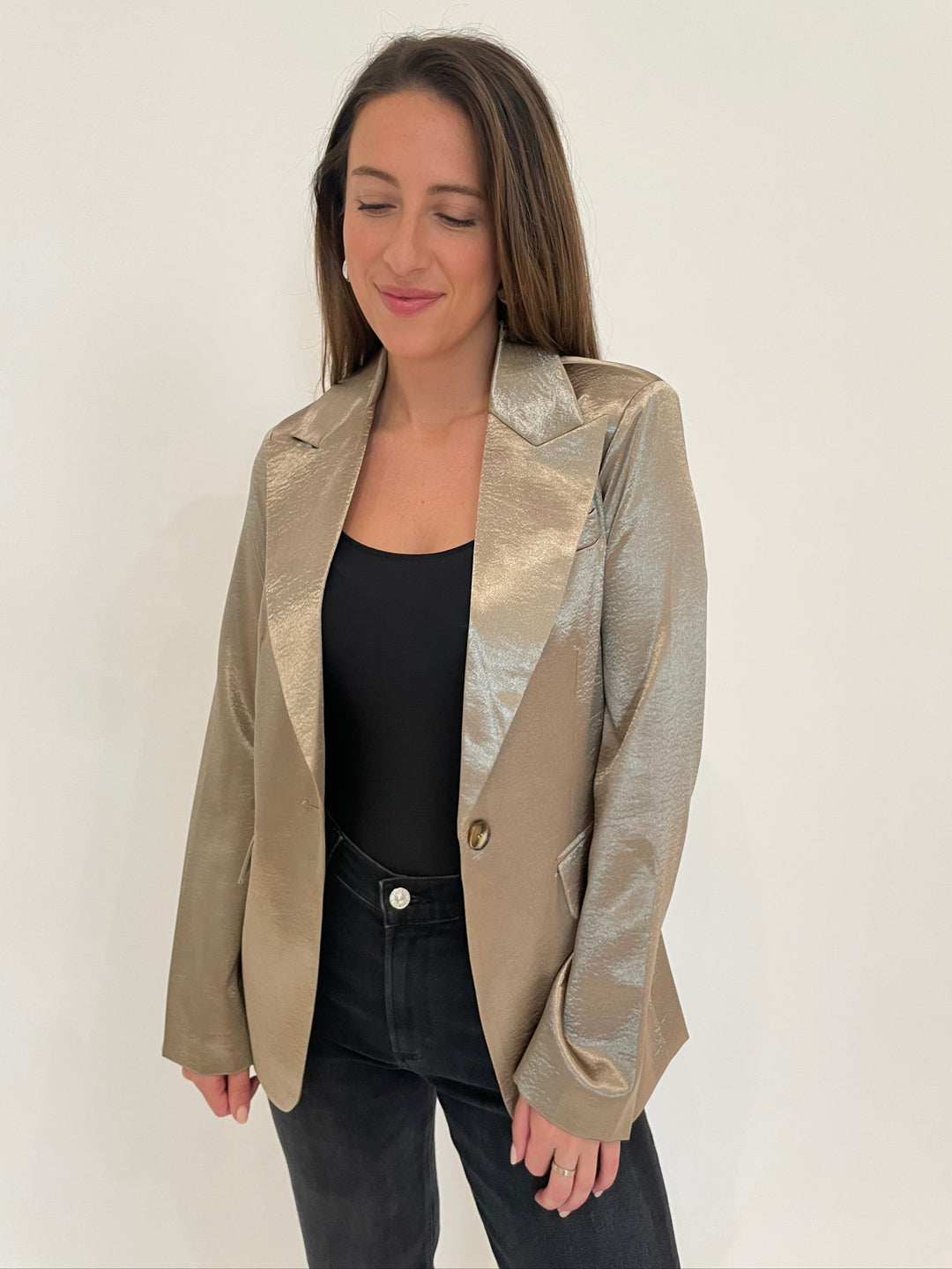 BK Jaime Crushed Metallic Satin Blazer in Antique Gold available at Barbara Katz