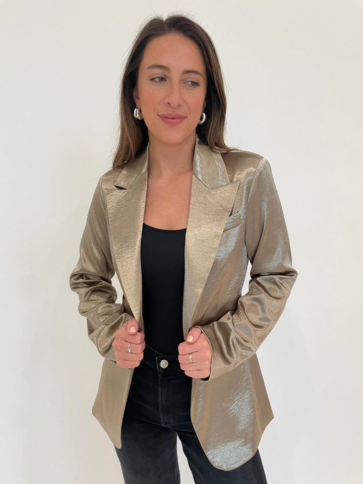 BK Jaime Crushed Metallic Satin Blazer in Antique Gold with Lizzie Fortunato Onda Hoops in Silver available at Barbara Katz