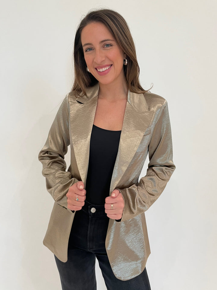 BK Jaime Crushed Metallic Satin Blazer in Antique Gold available at Barbara Katz