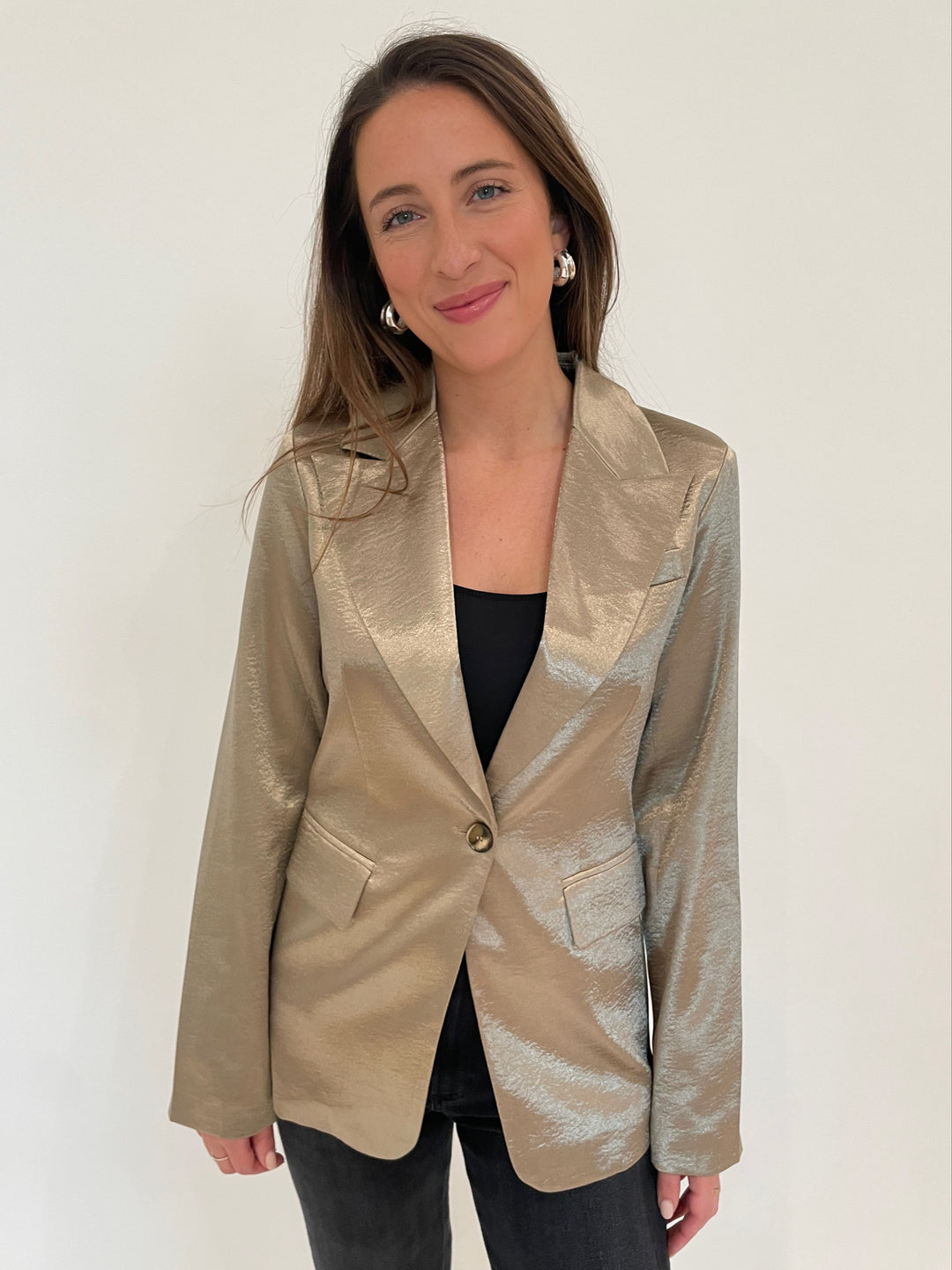 BK Jaime Crushed Metallic Satin Blazer in Antique Gold with Lizzie Fortunato Onda Hoop Earrings in Silver available at Barbara Katz