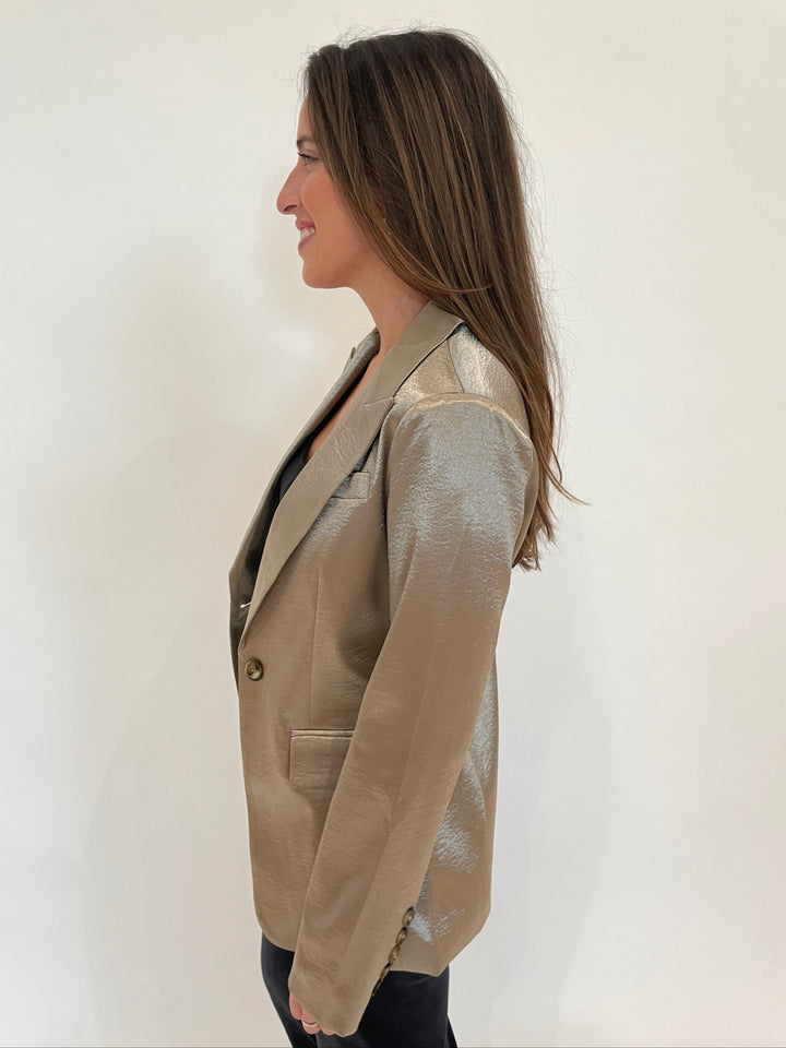 BK Jaime Long Sleeve Crushed Metallic Satin Blazer in Antique Gold available at Barbara Katz