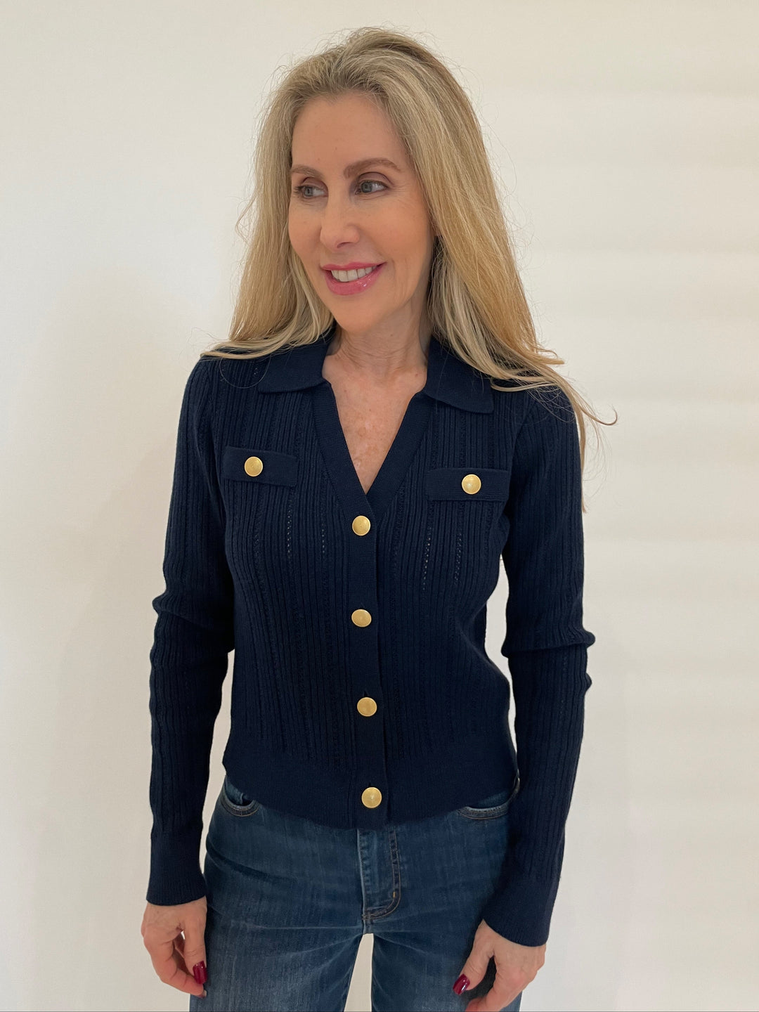 Kinross Somary Rib Button Front Polo Sweater in Navy available at Barbara Katz