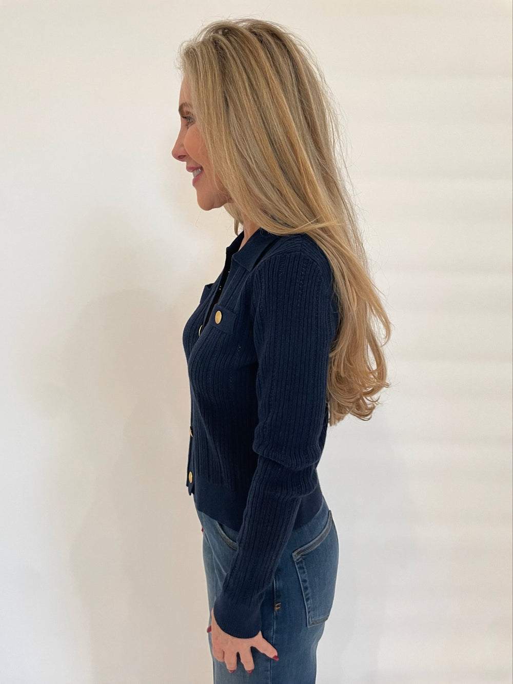 Kinross Somary Rib Button Front Polo Long Sleeve Sweater in Navy available at Barbara Katz