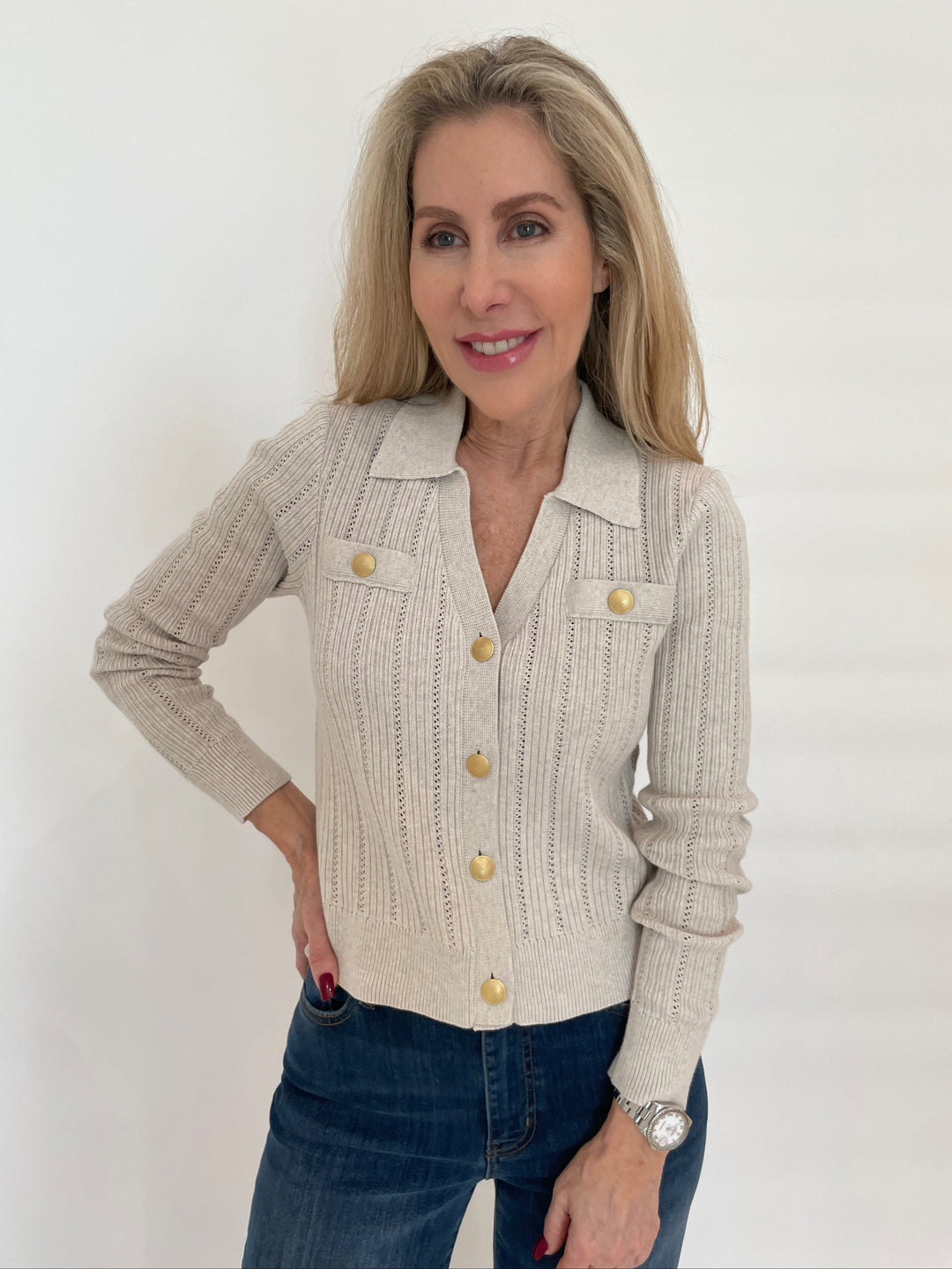 Kinross Somary Rib Button Front Polo Sweater in Champagne available at Barbara Katz