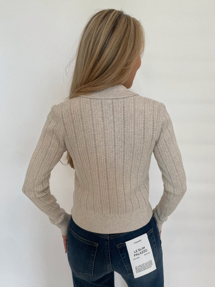 Kinross Somary Rib Button Front Polo Sweater in Champagne available at Barbara Katz