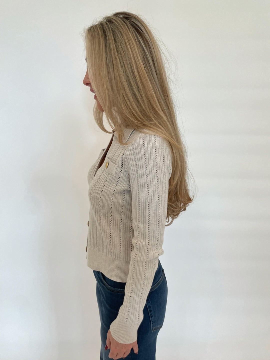 Kinross Somary Rib Button Front Polo Long Sleeve Sweater in Champagne available at Barbara Katz