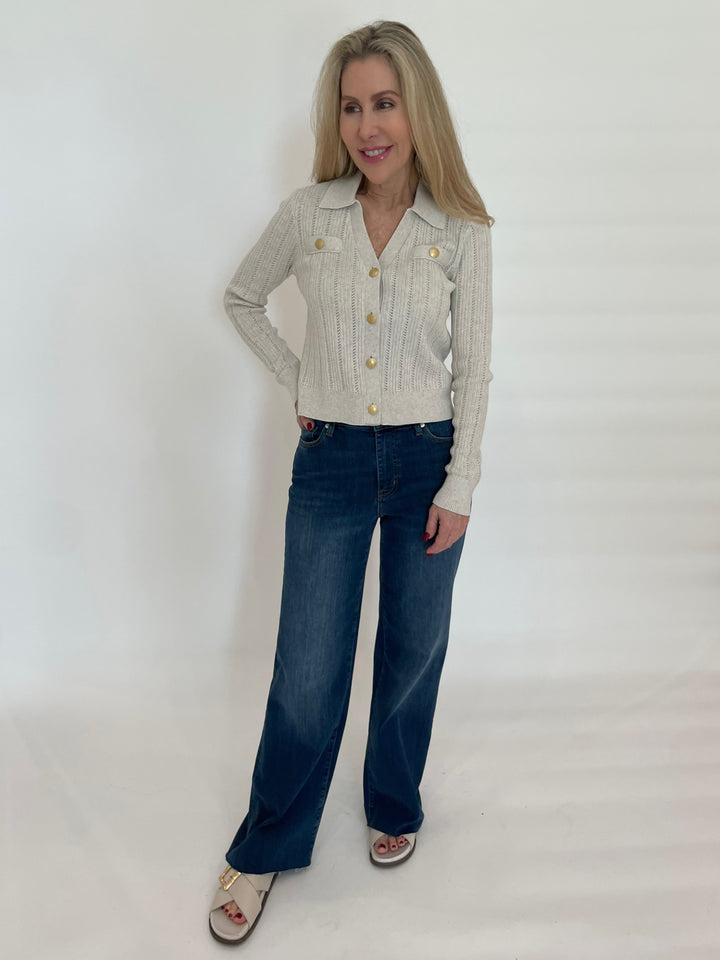 Kinross Somary Rib Button Front Polo Sweater in Champagne paired with Frame Denim Le Slim Palazzo Jeans in Lupine available at Barbara Katz