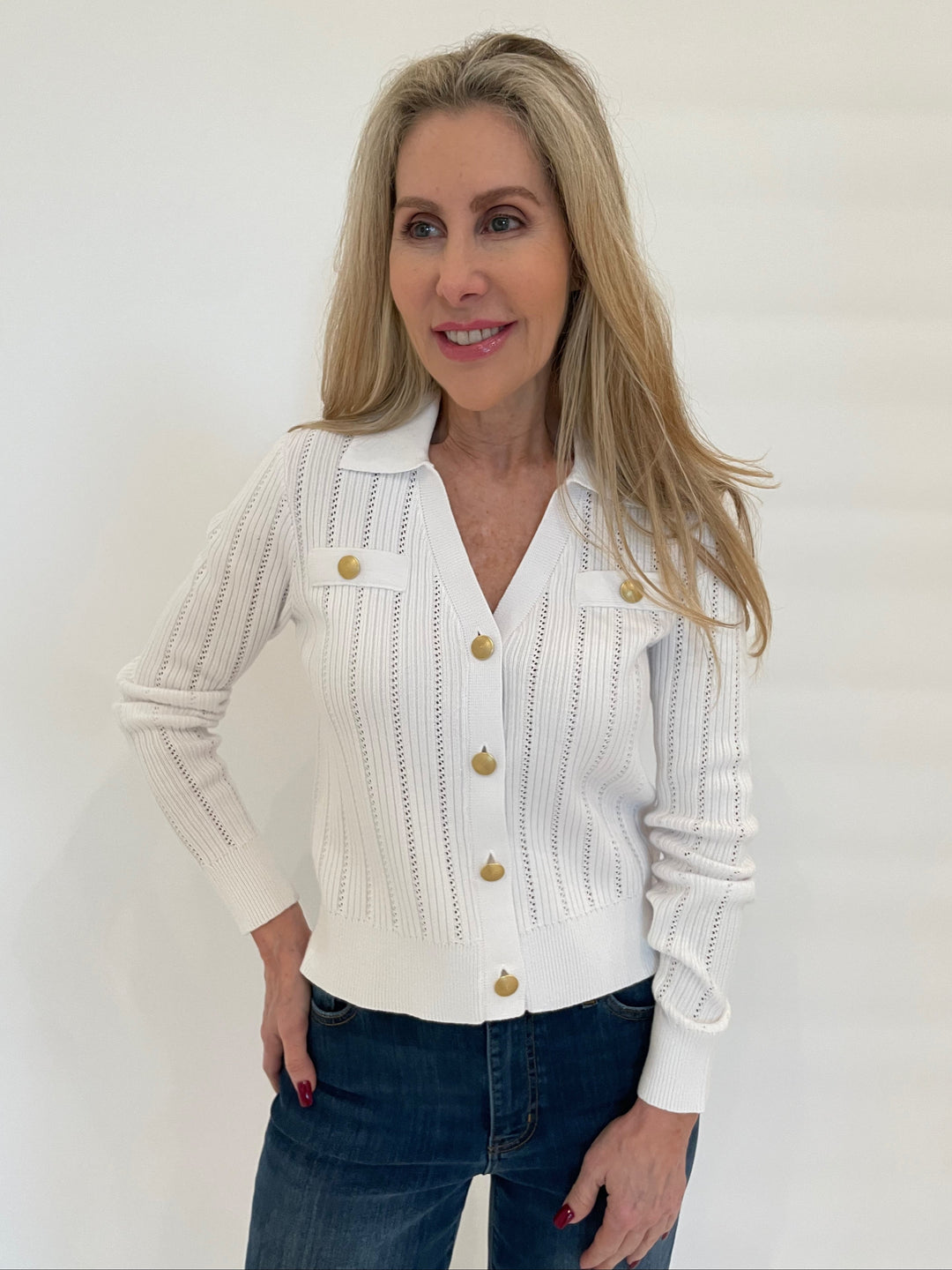 Kinross Somary Rib Button Front Polo Sweater in White available at Barbara Katz