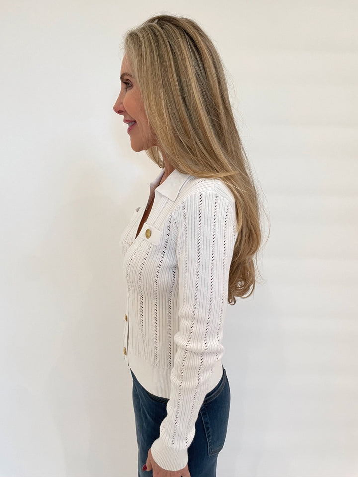 Kinross Somary Rib Button Front Polo Long Sleeve Sweater in White available at Barbara Katz