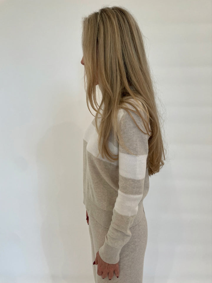 Kinross Lumi Crop Stripe Long Sleeve Sweater in Champagne/White available at Barbara Katz