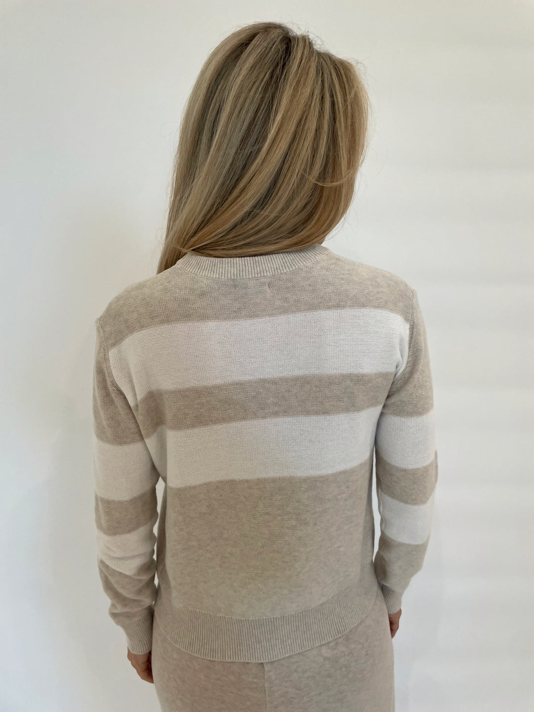 Kinross Lumi Crop Stripe Crew Sweater in Champagne/White available at Barbara Katz