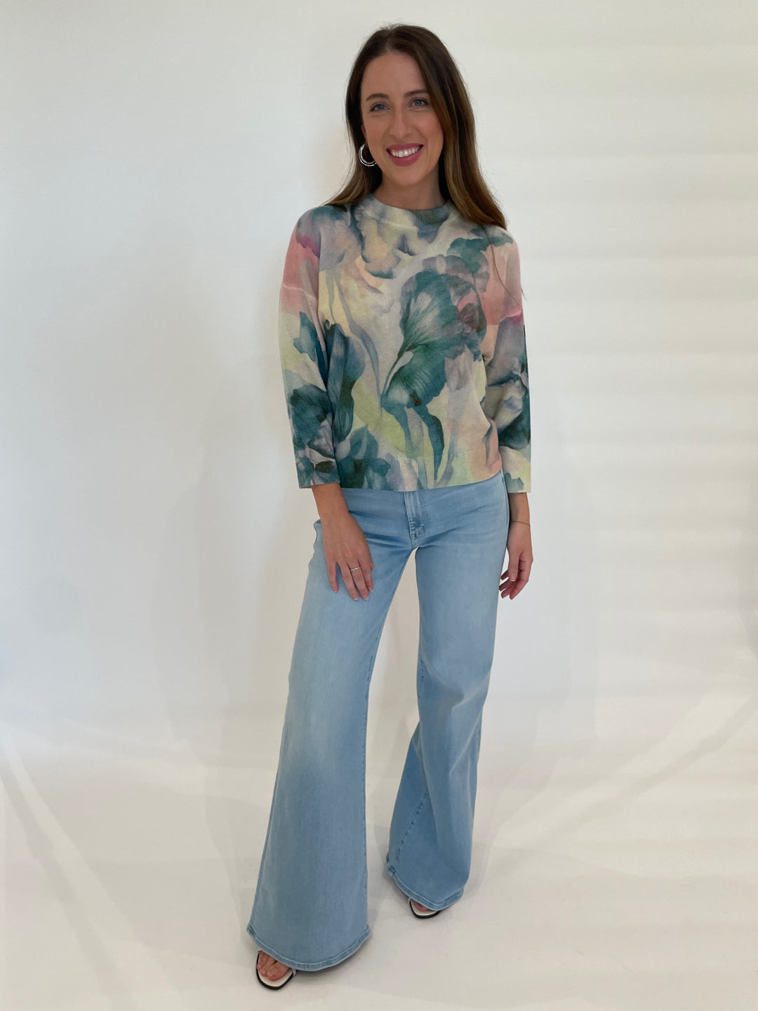 Kinross Cashmere Romantic Floral Crew Sweater in Multi paired with Mother Denim The Roller Sneak Jeans in Ball's In Your Court available at Barbara Katz