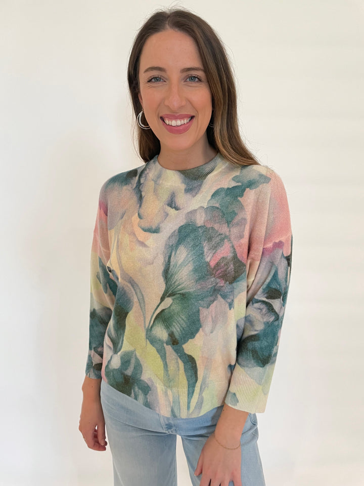 Kinross Cashmere Romantic Floral Crew Sweater in Multi available at Barbara Katz