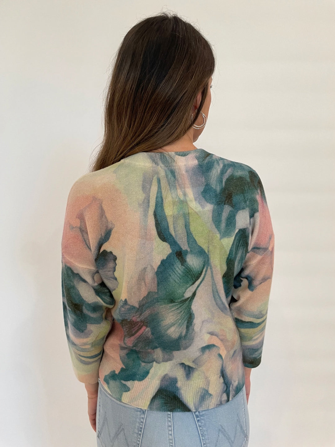 Kinross Cashmere Romantic Floral Crew Sweater in Multi available at Barbara Katz