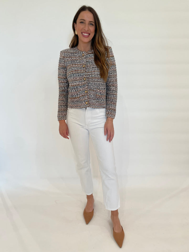 Ba&sh Guspa Long Sleeve Cardigan in Beige paired with Citizens of Humanity Palma Straight Jeans in Soft White available at Barbara Katz