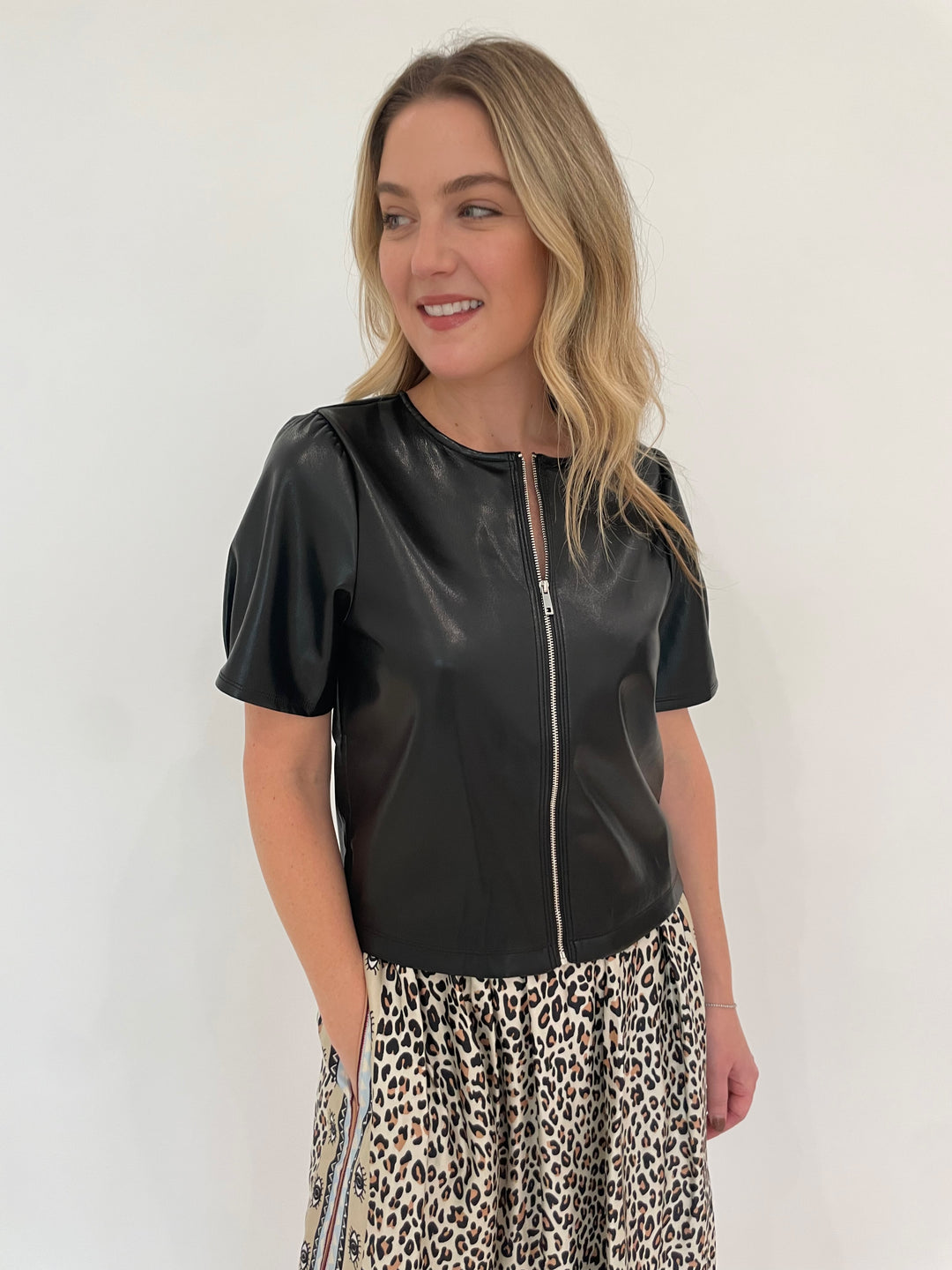 Melissa Nepton Houston Zip-Up Faux Leather Top in Black available at Barbara Katz