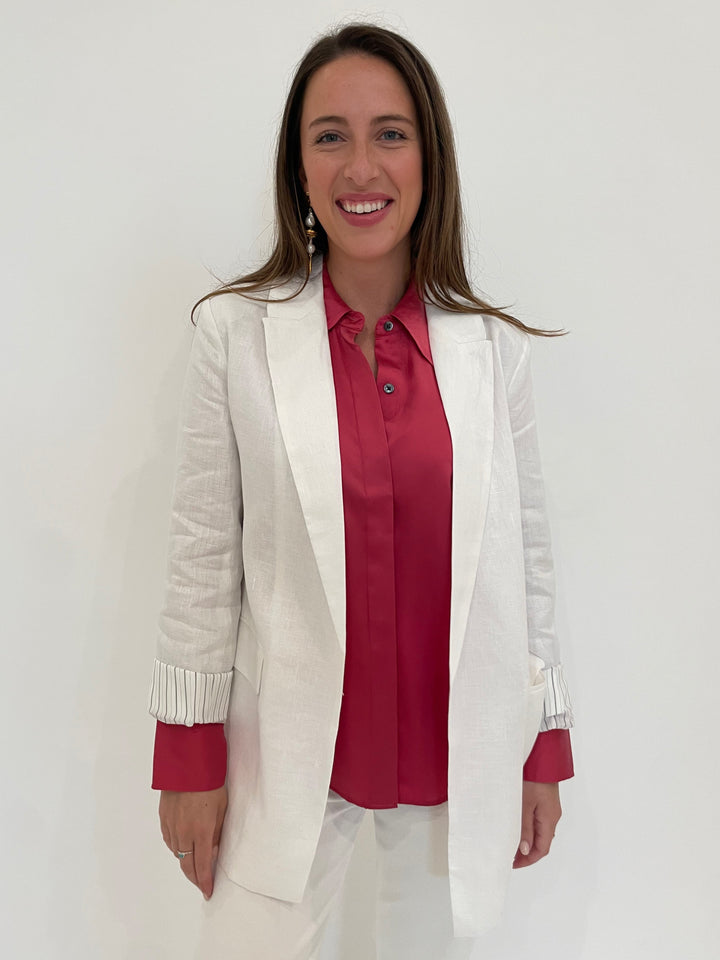 BK Karla Boyfriend Linen Jacket in White with Rails Valentine Jacey Shirt underneath, Lizzie Fortunato Gold Mine Earrings available at Barbara Katz