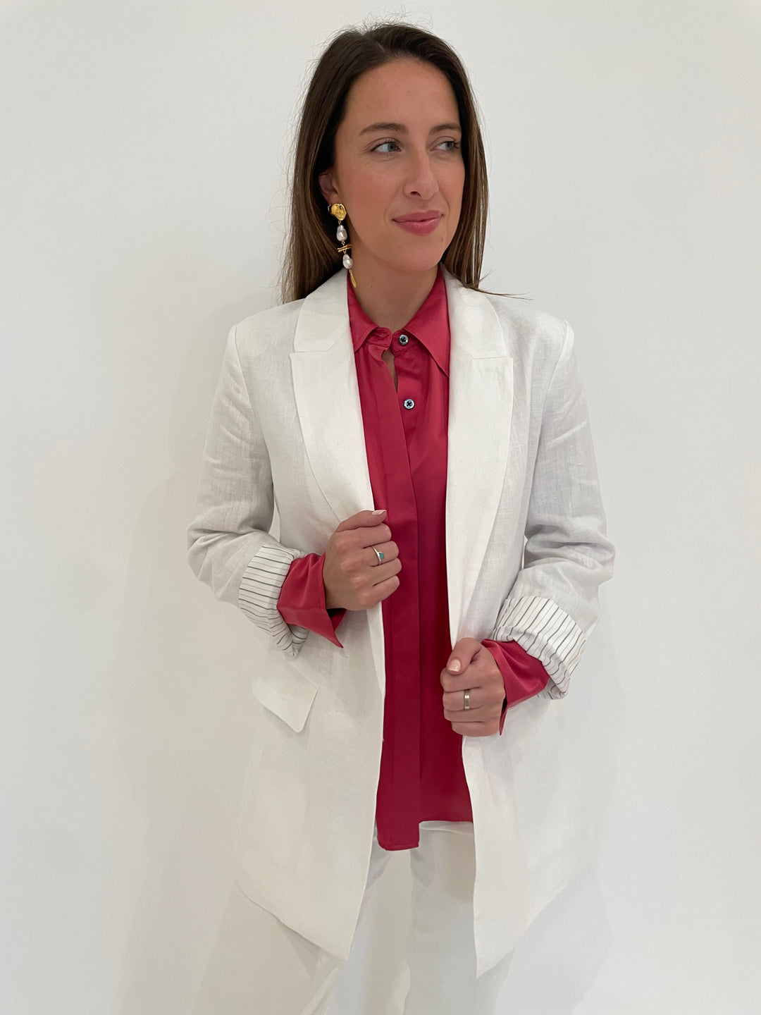 BK Karla Boyfriend Linen Jacket in White with Rails Valentine Jacey Shirt underneath, Lizzie Fortunato Gold Mine Earrings available at Barbara Katz