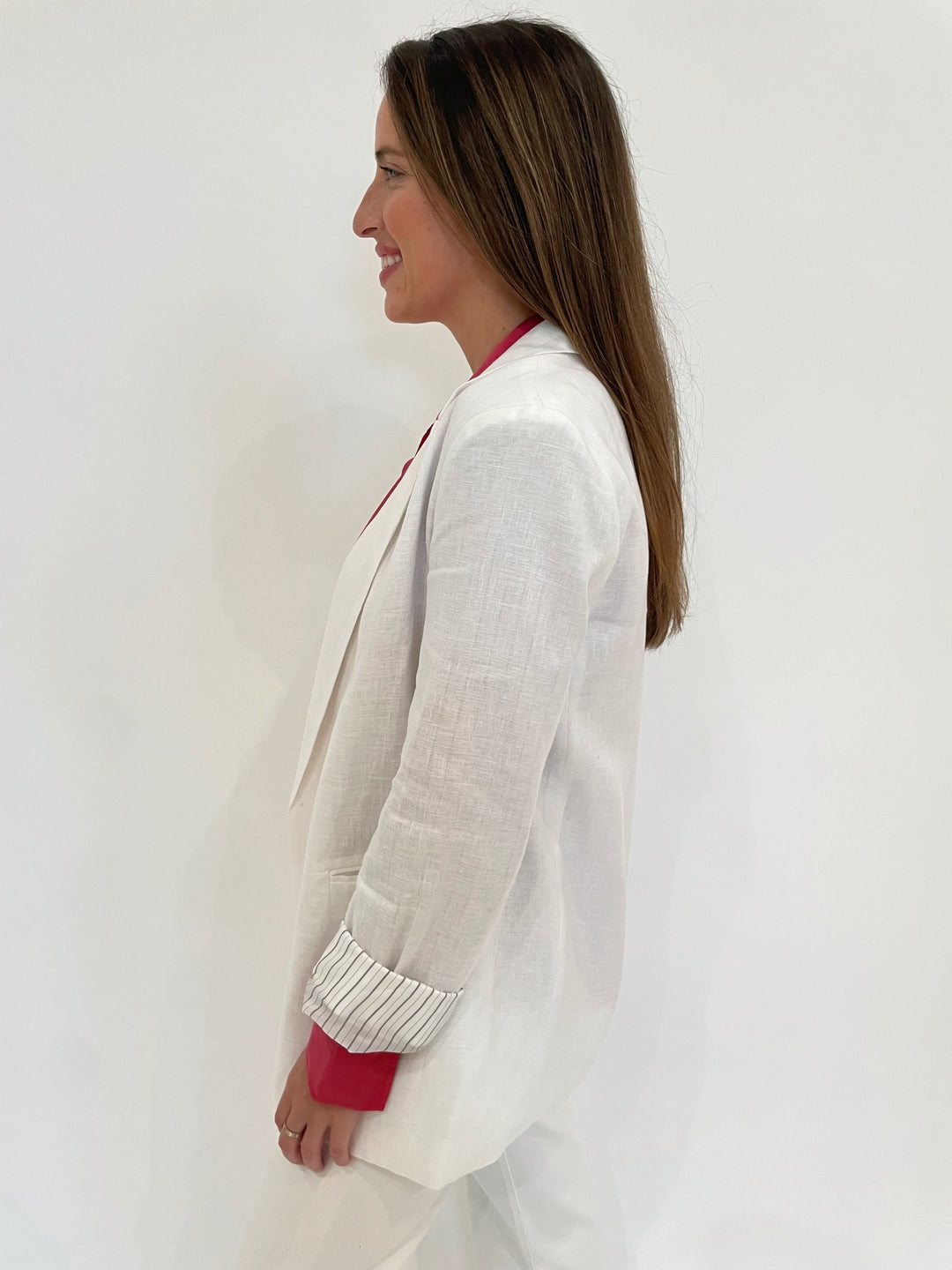 BK Karla Boyfriend Linen 3/4 Sleeve Jacket in White available at Barbara Katz