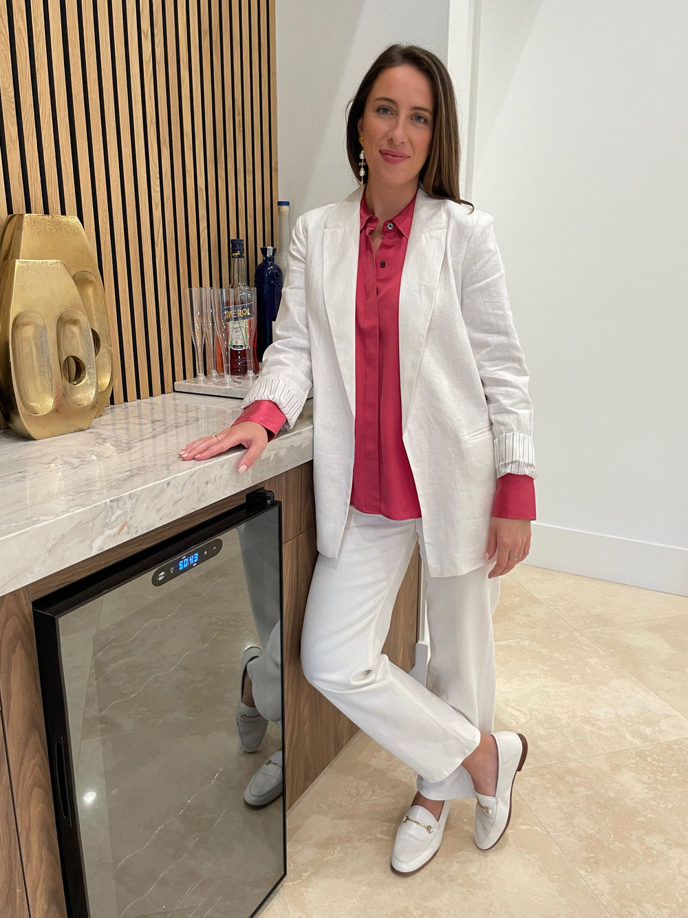 BK Karla Boyfriend Linen Jacket in White with Rails Valentine Jacey Shirt underneath, paired with Citizens of Humanity Palma Straight Jeans in Soft White, Lizzie Fortunato Gold Mine Earrings available at Barbara Katz