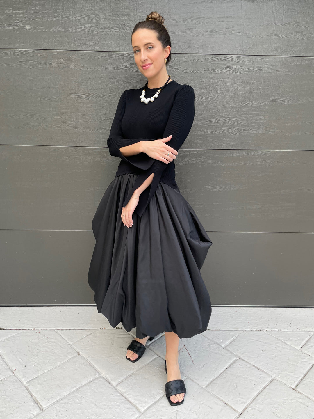 Simkhai Kenlie Long Sleeve Mock Neck Midi Dress in Black paired with Lizzie Fortunato Plaza Pearl Collar Necklace and Gold Onda Hoop Earrings available at Barbara Katz