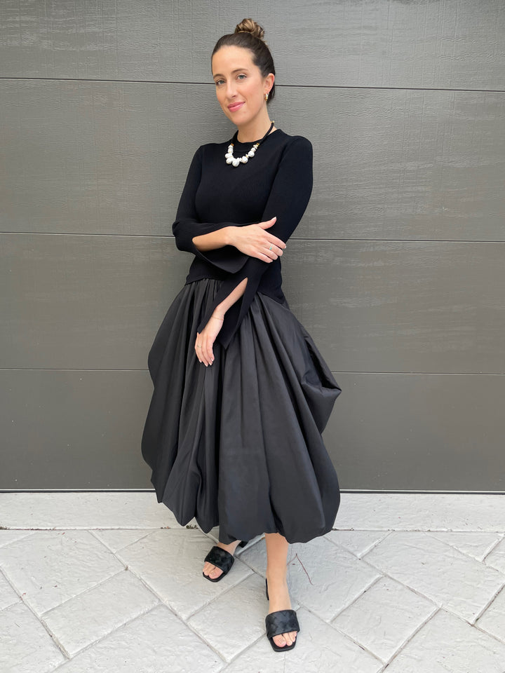 Simkhai Kenlie Long Sleeve Mock Neck Midi Dress in Black paired with Lizzie Fortunato Plaza Pearl Collar Necklace and Gold Onda Hoop Earrings available at Barbara Katz